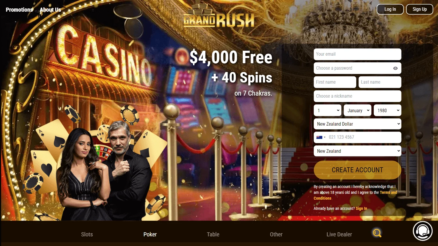Grand Rush Casino desktop home